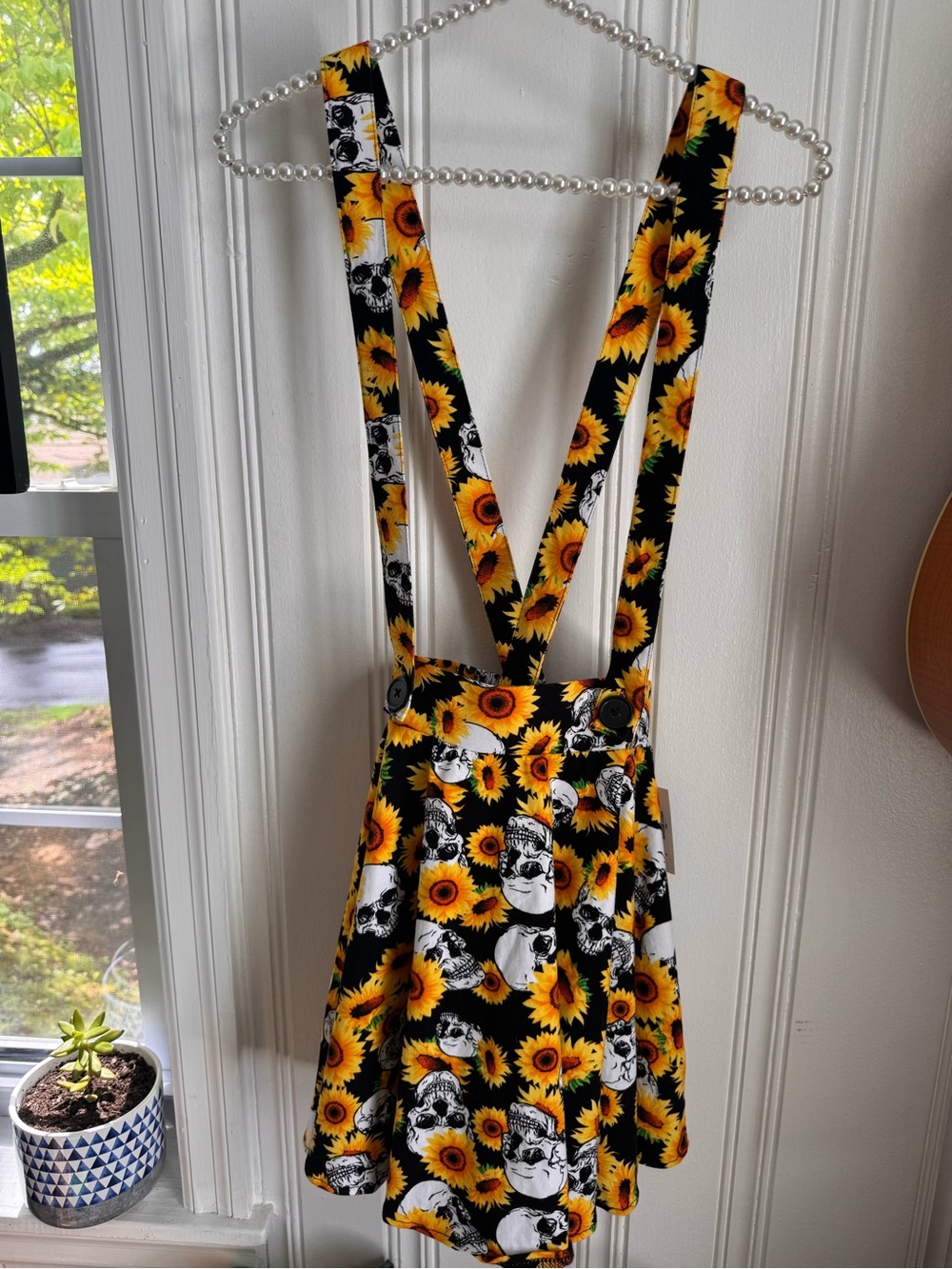Sunflower & Skull Suspender Skirt — Black with Bright Yellow Floral Print